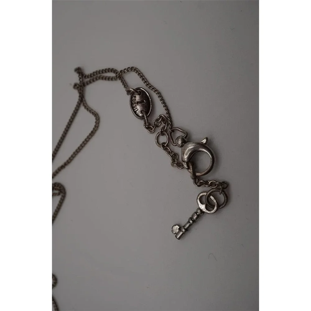 Fossil Womens Silver Tone Deep Pink Stone Teardrop Heart Pendant Necklace Key